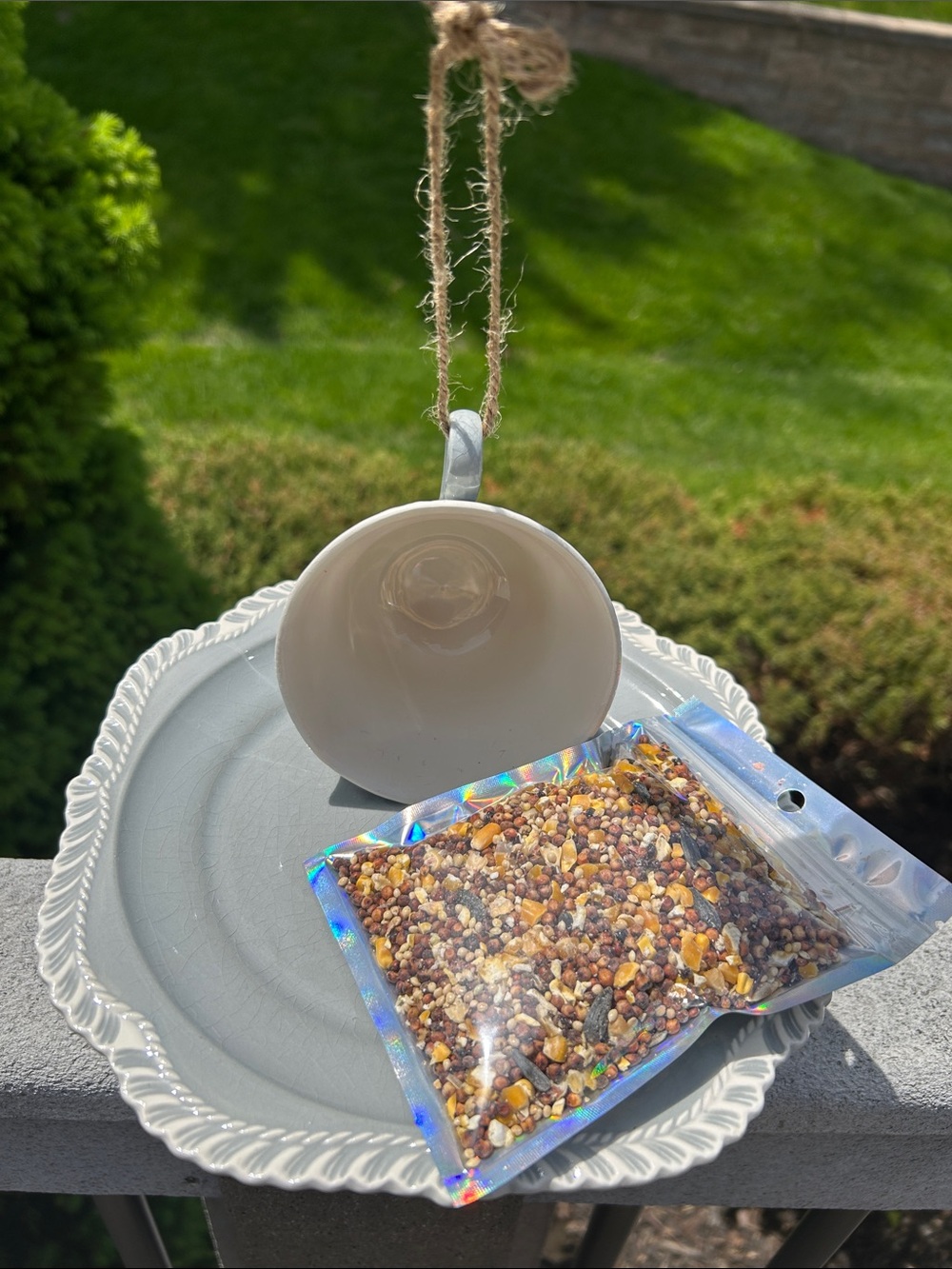 White and Gray Ceramic Hanging Bird Feeder with Seed Packet